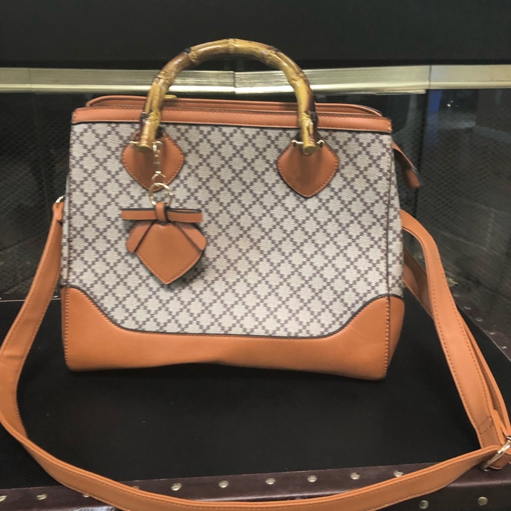 Brown, checkered, bamboo, handled purse